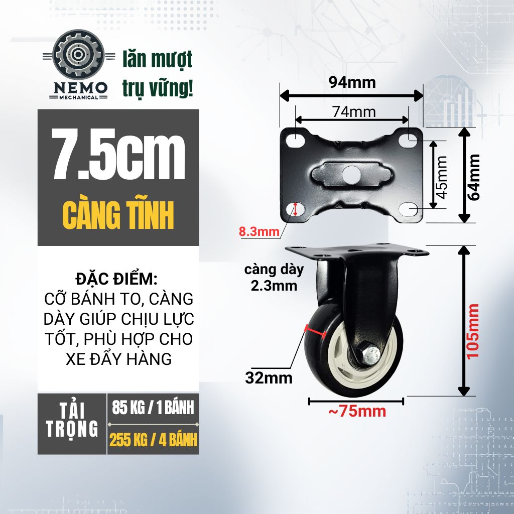 Bánh Xe Đẩy Hàng Đen Trắng – Chịu Tải Tốt, Khung Thép Sơn Tĩnh Điện